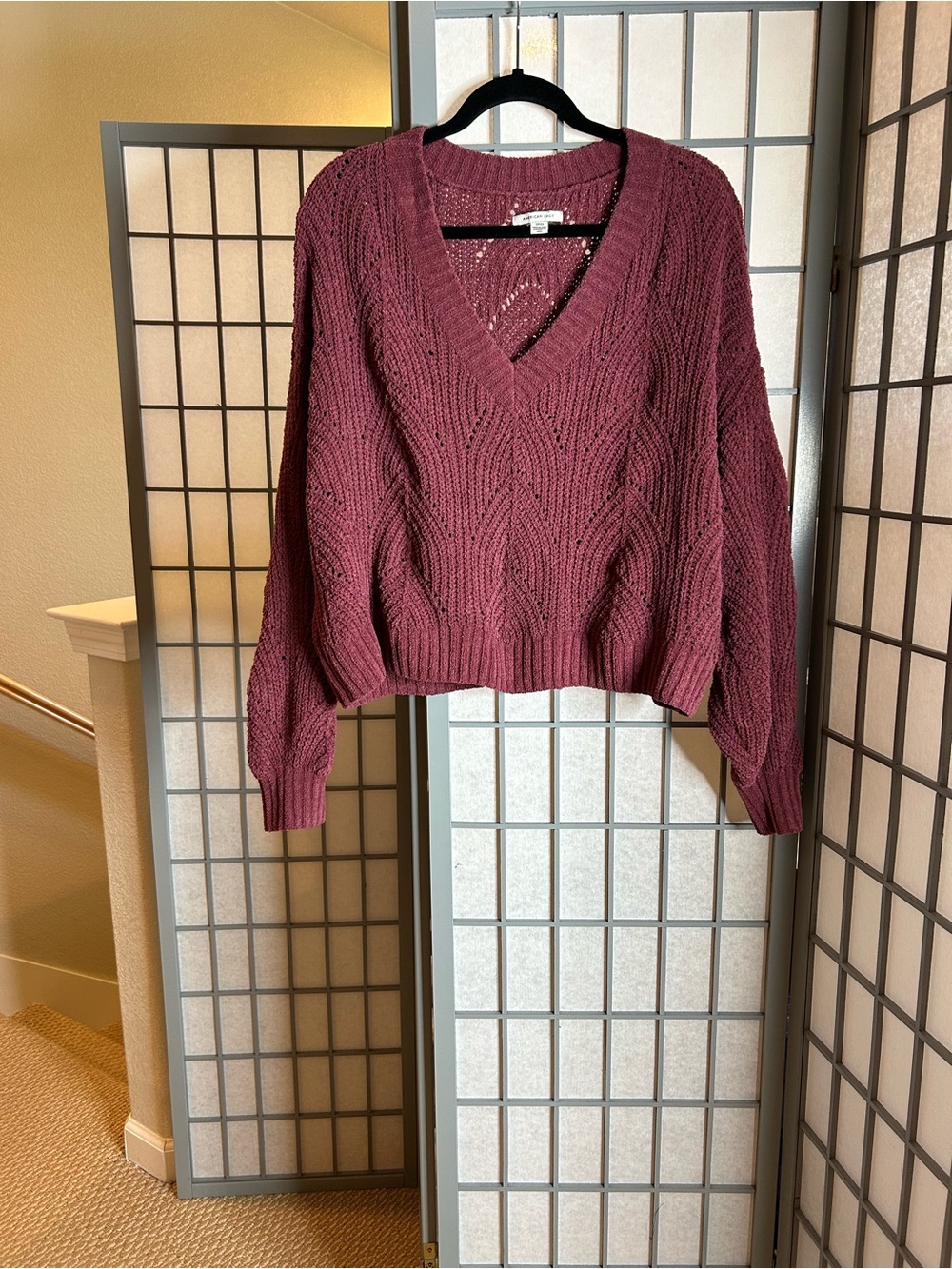 American Eagle Outfitters V-Neck Cable Knit Sweater in Purple